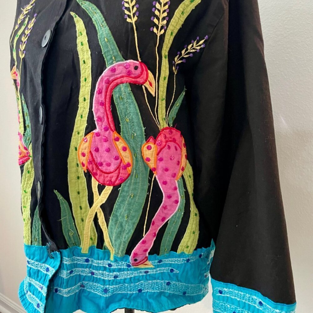 90’s Y2K FLAMINGO ALL OVER BLAZER COAT EMBROIDERED BEADED SZ XL RARE  ECLECTIC - Picture 12 of 16